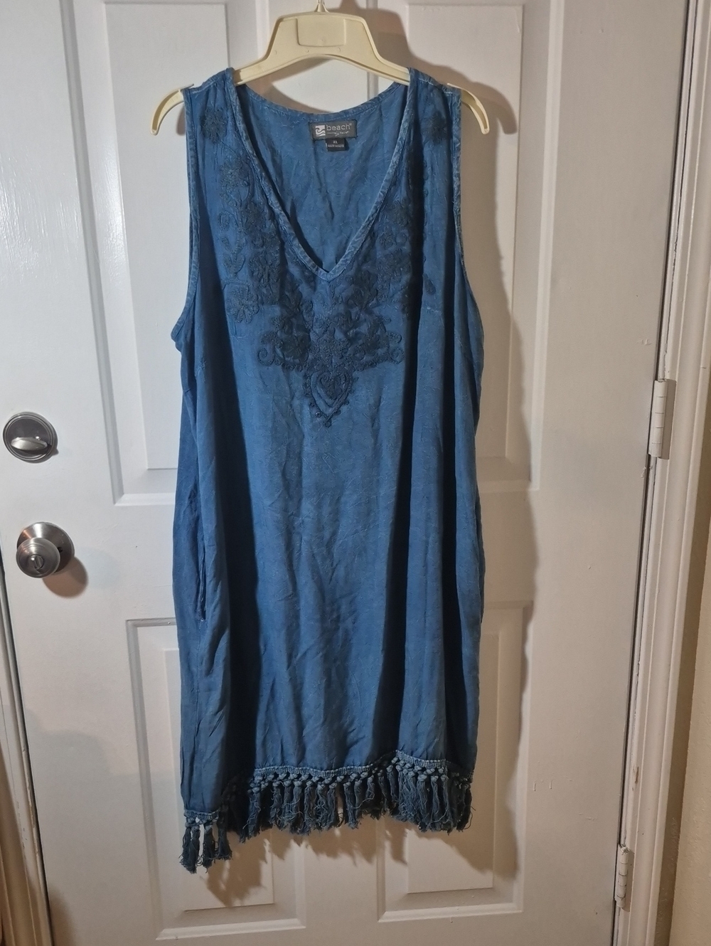 Beach By Exist Chalet Blue Embroidered V-Neck Fringe Dress Size XL